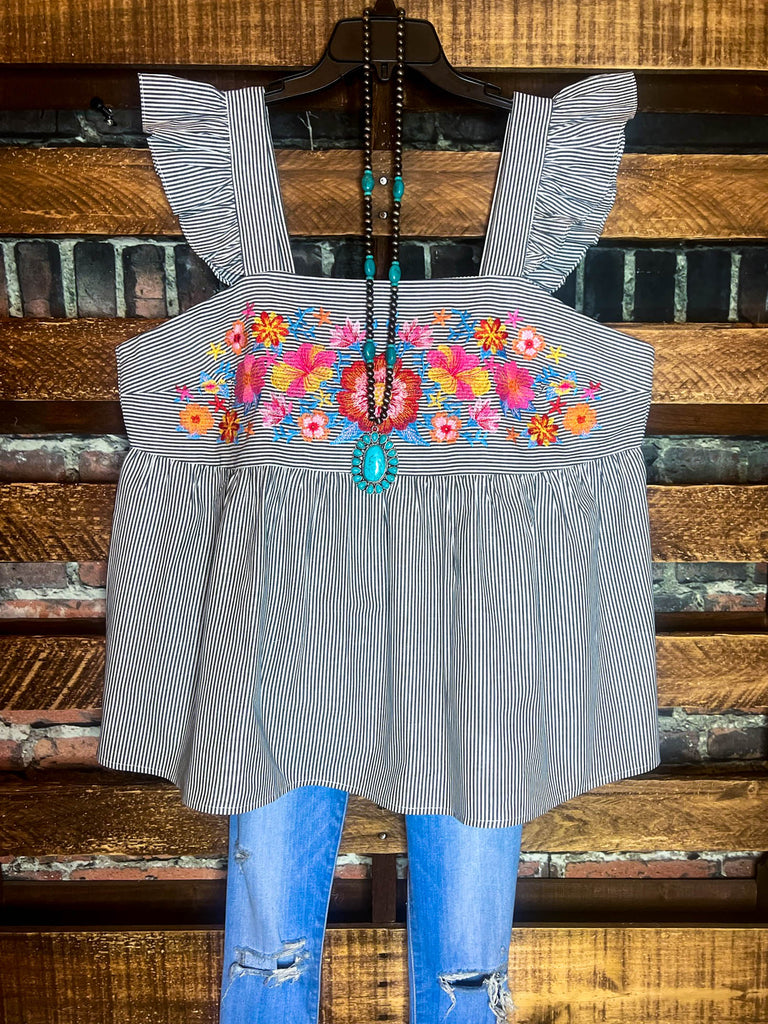 1X 2X 3X Sunkissed Floral & Stripes Babydoll Top in Denim--------SALE
