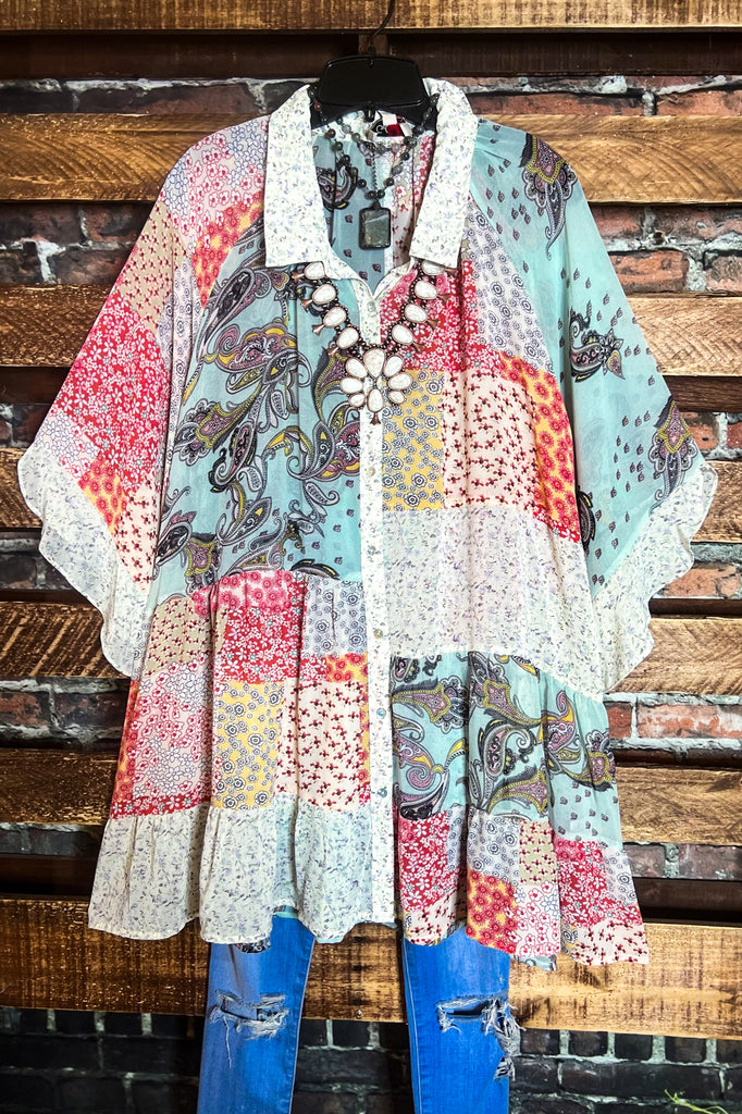 See The Beauty Paisleys Oversized Tunic Shirt in Coral & Multi-Color