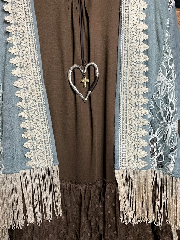 EMBROIDERED LACE FRINGE KIMONO IN BLUE-------sale