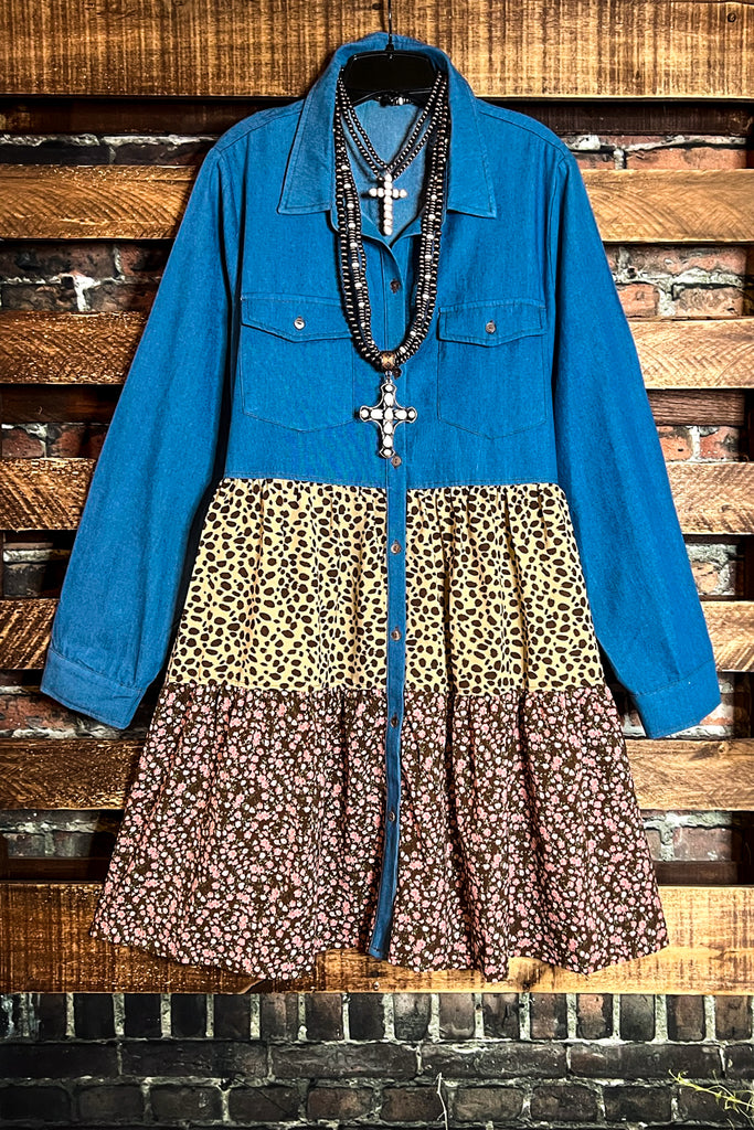 BEAUTIFUL MELODY DENIM AND FLORAL DRESS SHIRT IN MULTI-COLOR