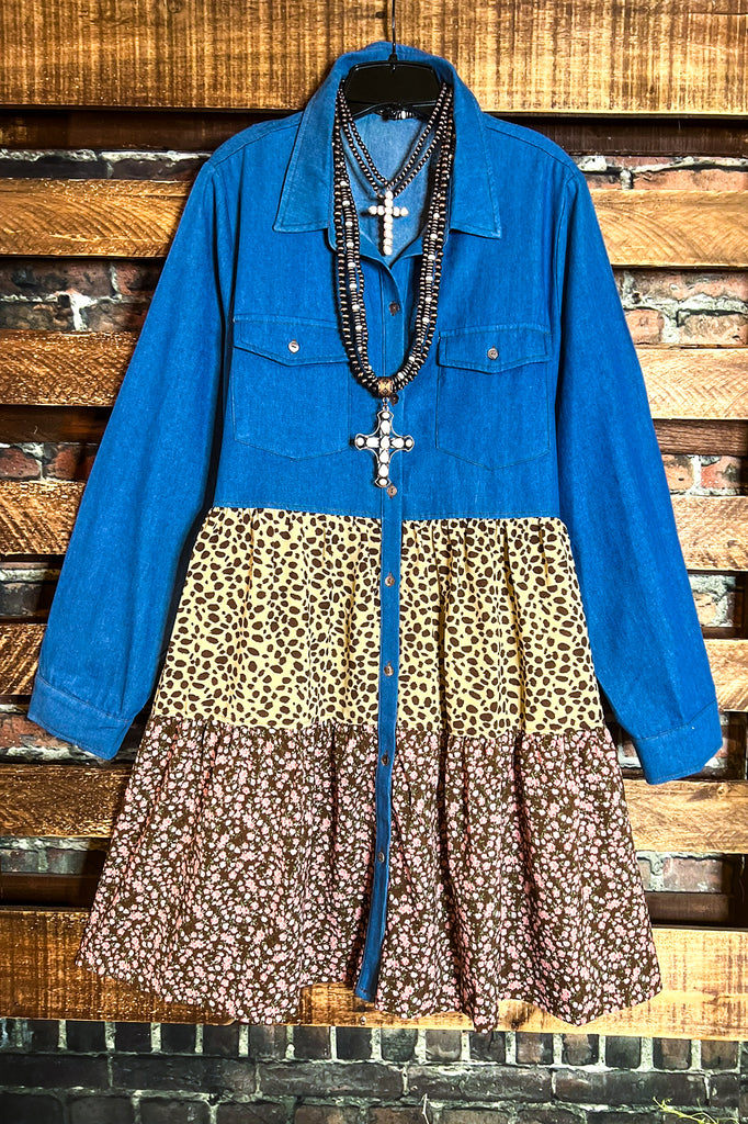 BEAUTIFUL MELODY DENIM AND FLORAL DRESS SHIRT IN MULTI-COLOR