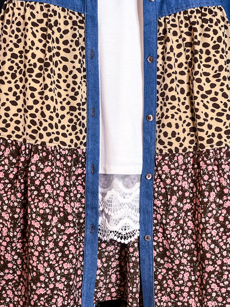 BEAUTIFUL MELODY DENIM AND FLORAL DRESS SHIRT IN MULTI-COLOR