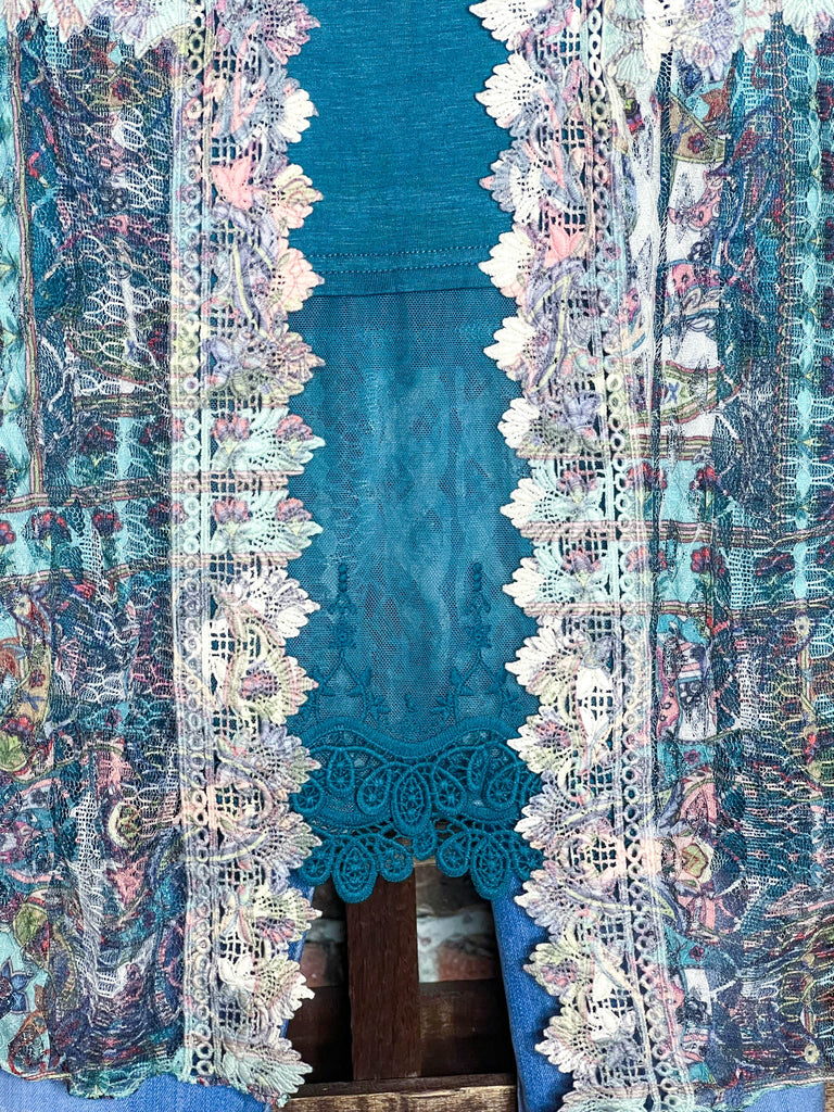 BEAUTIFUL MAGIC MOMENTS FLORAL LACE DUSTER KIMONO IN BEIGE & TURQUOISE