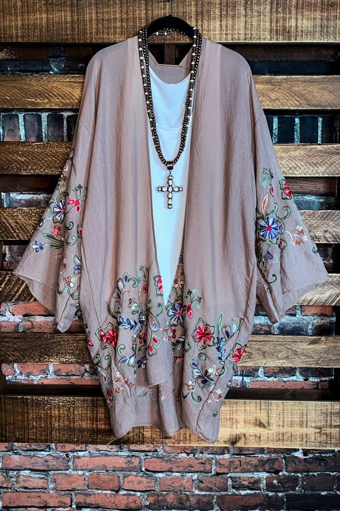 GO WITH GRACE ASH MOCHA FLORAL EMBROIDERED KIMONO