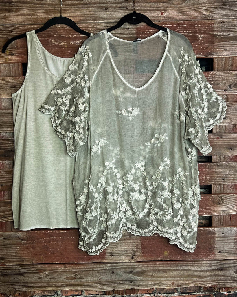 GORGEOUS AND GLAMOROUS SET TUNIC 100% SILK IN CRYSTAL SAGE