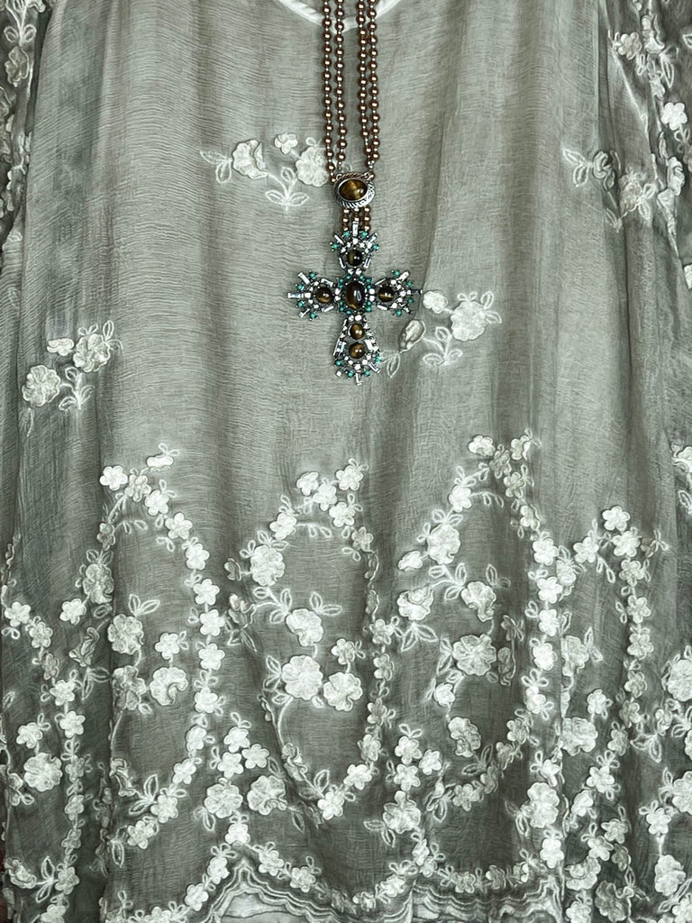 GORGEOUS AND GLAMOROUS SET TUNIC 100% SILK IN CRYSTAL SAGE