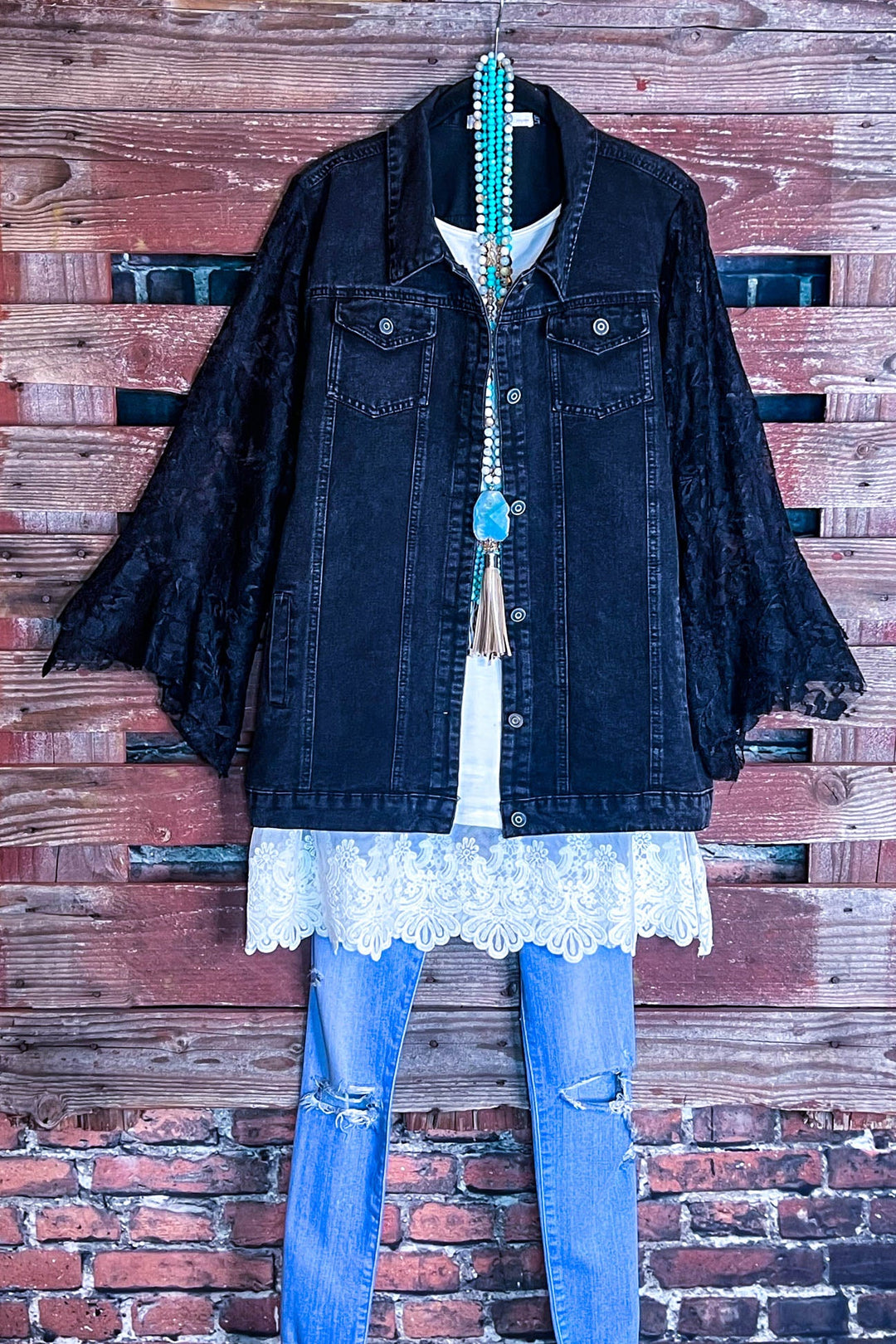 Downtown Loving Moment Lace & Black Denim Jacket------Sale