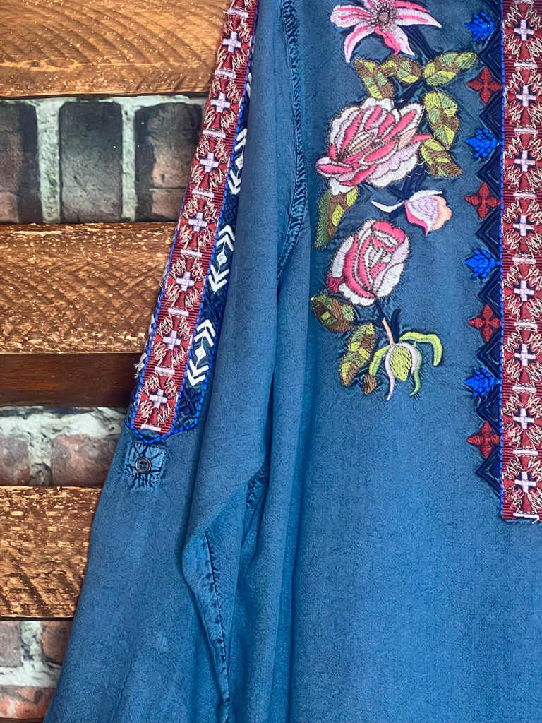 Denim Floral Embroidered Shirt ------- Sale