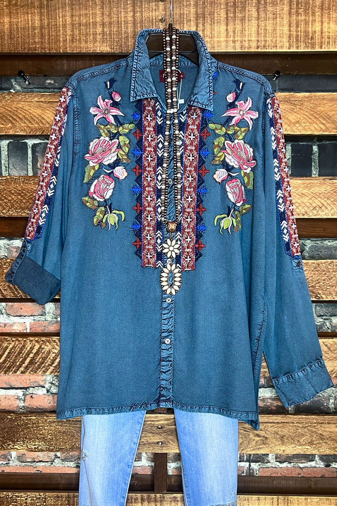 Denim Floral Embroidered Shirt ------- Sale