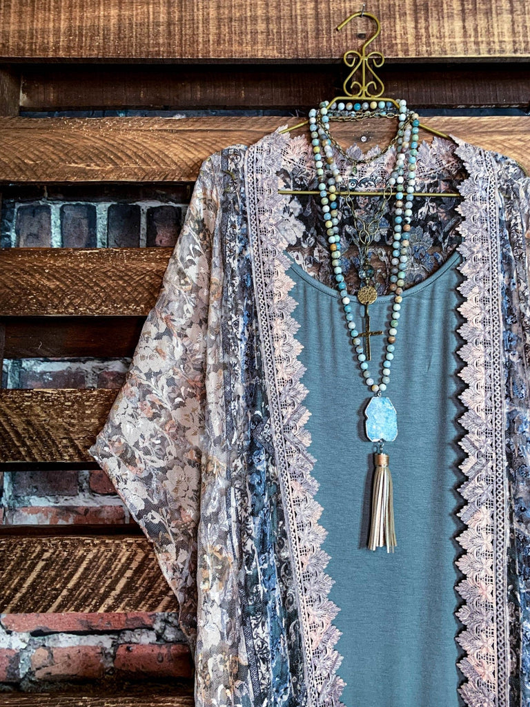 See The Beauty Lace Blue & Taupe Duster Kimono