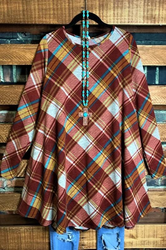 14-18 SIZE - PLAID SWEATER DRESS WITH POCKETS IN BRICK---SALE