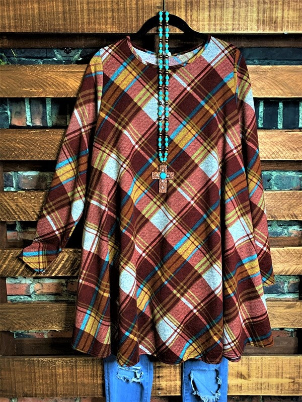 14-18 SIZE - PLAID SWEATER DRESS WITH POCKETS IN BRICK---SALE