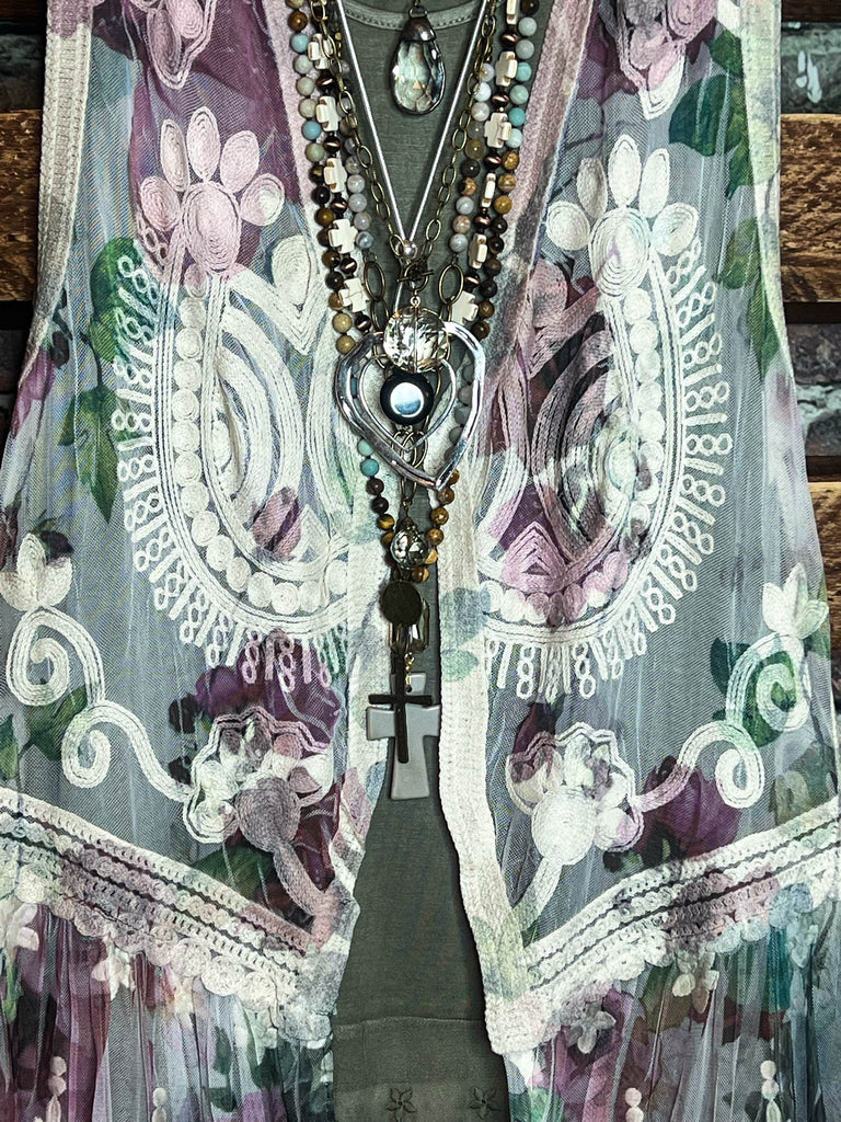 A ROMANTIC SWEET SECRET GARDEN LACE VEST IN NATURAL & MULTI-COLOR