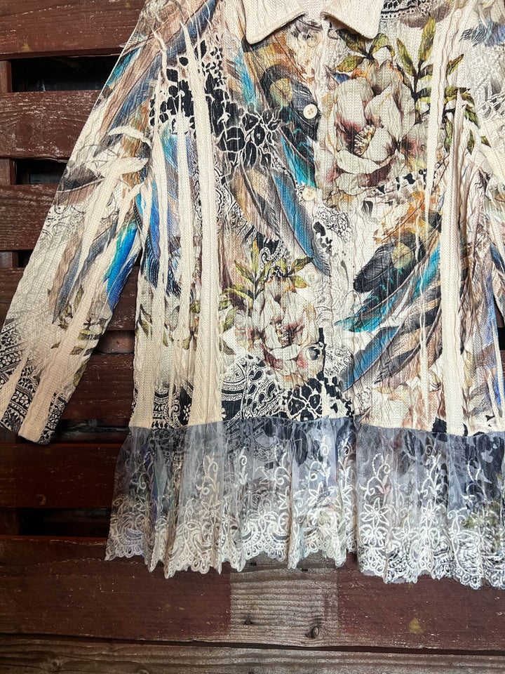 WONDER PARADISE LACE JACKET IN FLORAL & FEATHER PRINT