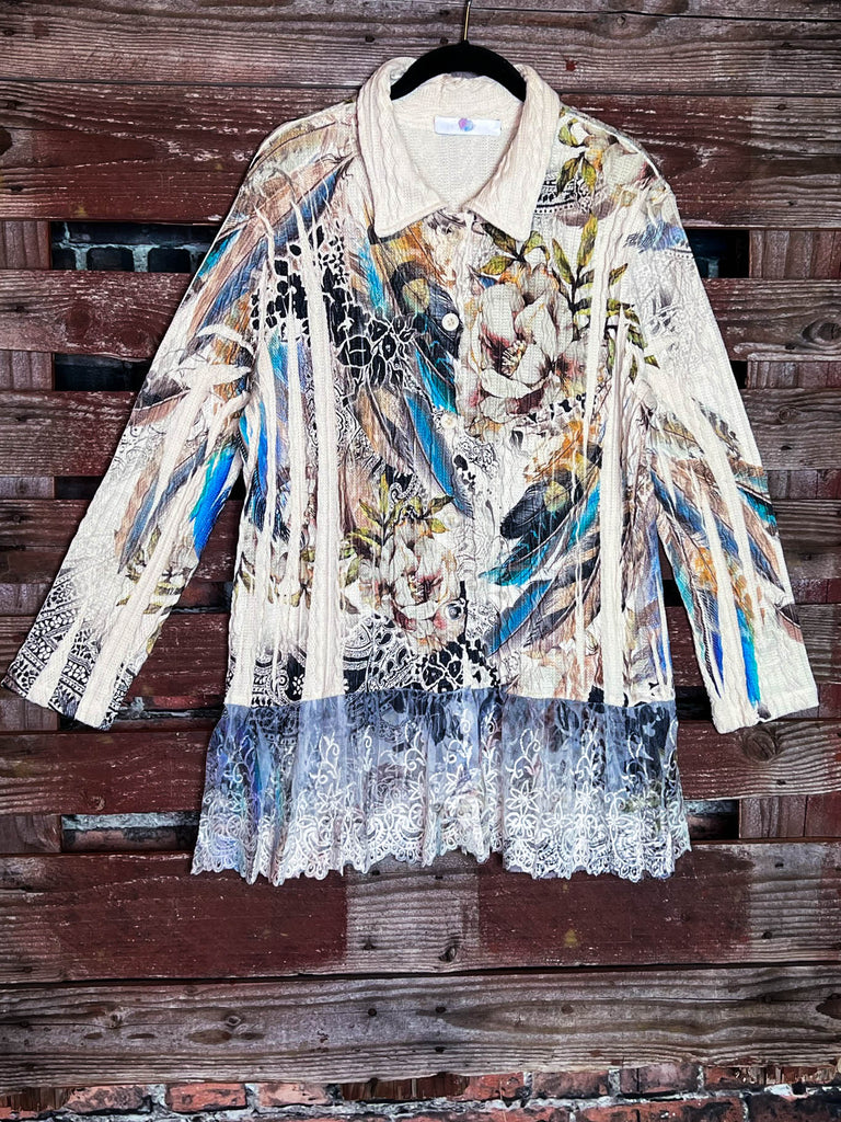 SOMETHING WONDERFUL LACE JACKET IN FLORAL & FEATHER PRINT