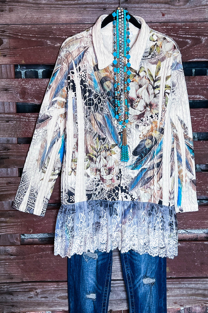 PRETTY LACE JACKET IN FLORAL & FEATHER PRINT ----------SALE