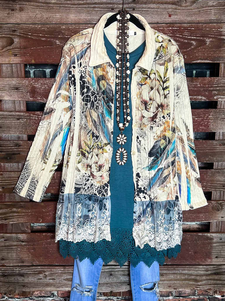 PRETTY LACE JACKET IN FLORAL & FEATHER PRINT ----------SALE