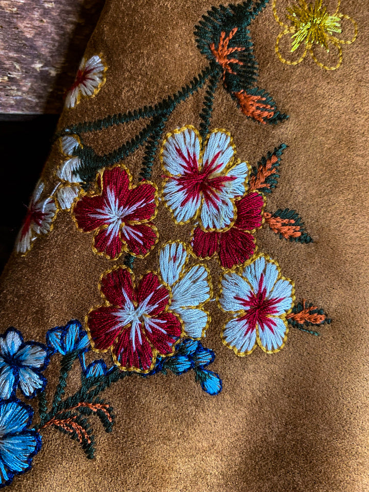 SANTA MARIA BOHO EMBROIDERED FAUX SUEDE JACKET IN CAMEL