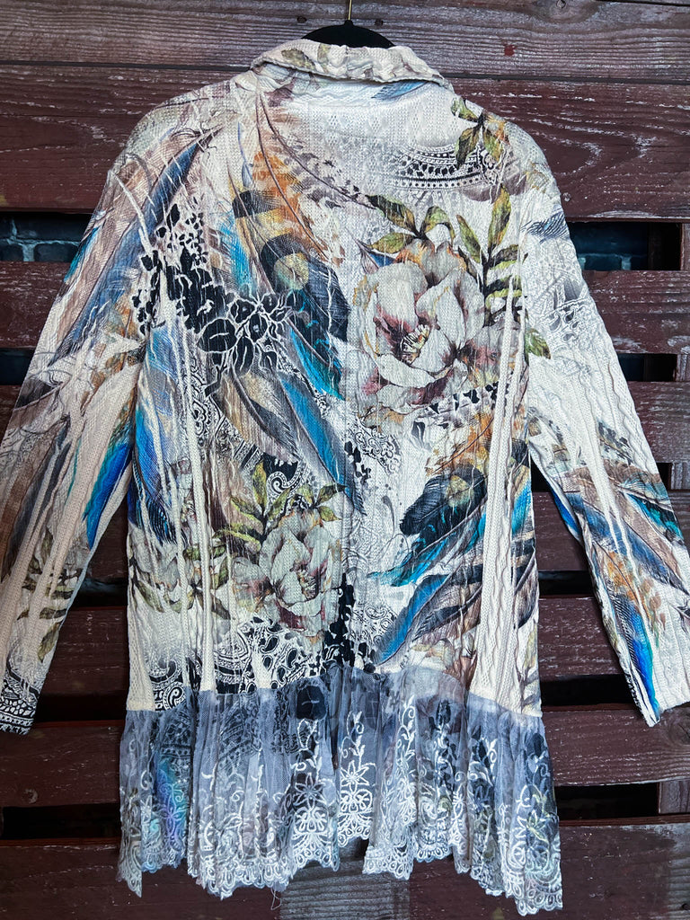 PRETTY LACE JACKET IN FLORAL & FEATHER PRINT ----------SALE