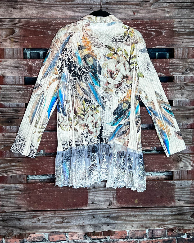 PRETTY LACE JACKET IN FLORAL & FEATHER PRINT ----------SALE