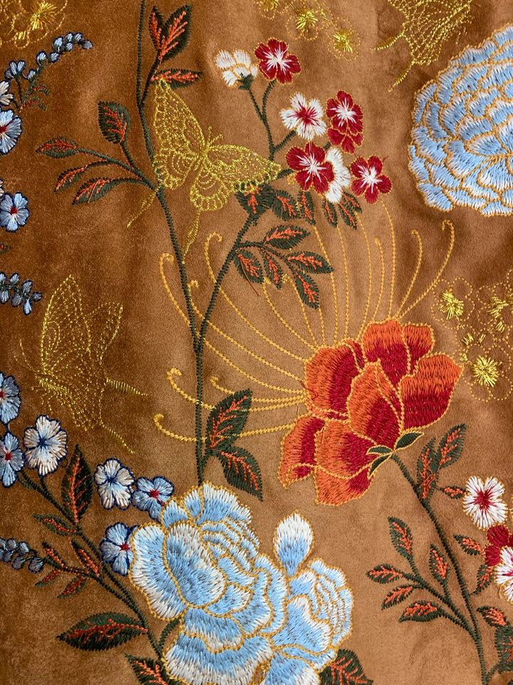 SANTA MARIA BOHO EMBROIDERED FAUX SUEDE JACKET IN CAMEL