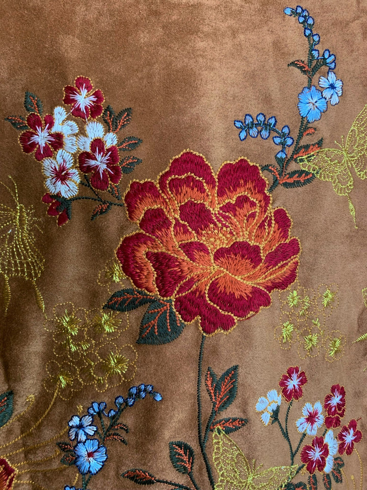 SANTA MARIA BOHO EMBROIDERED FAUX SUEDE JACKET IN CAMEL