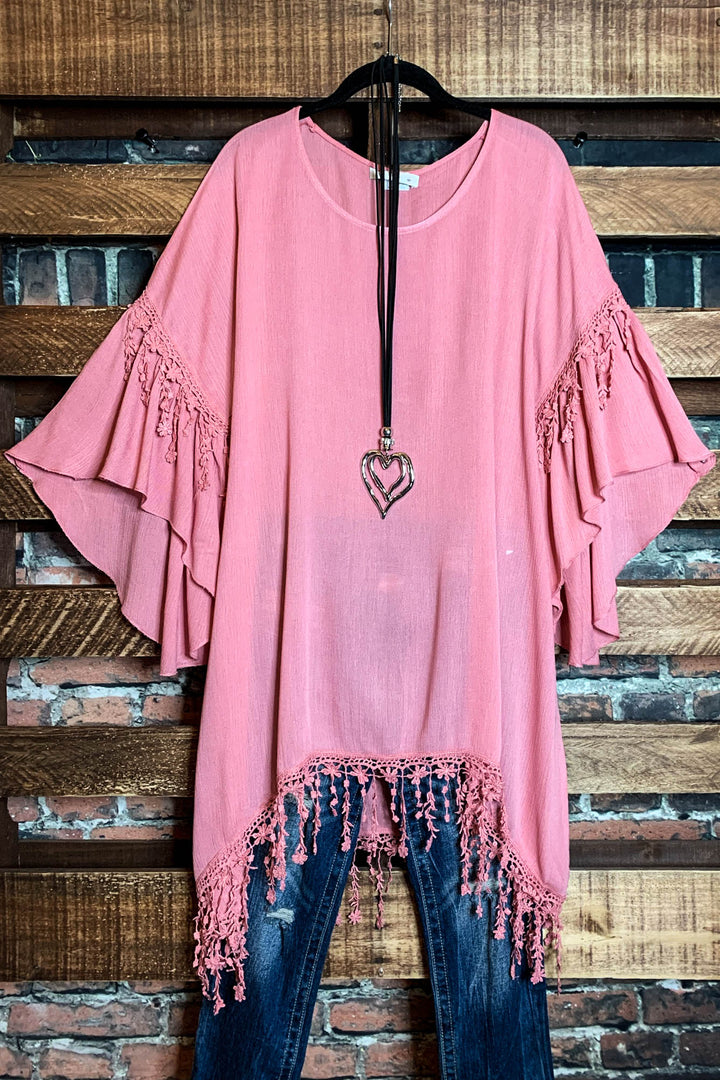 Secrets Of The Heart Floral Fringe Tunic In Blush Rose