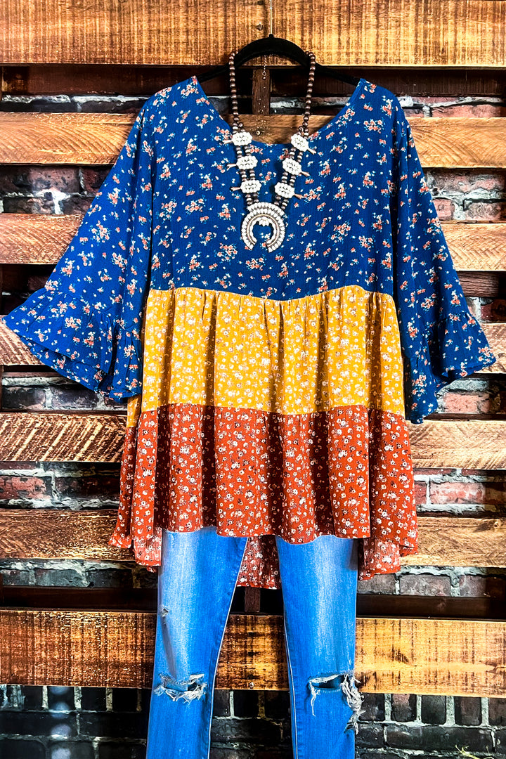 SIMPLY PERFECT CASUAL BABYDOLL TOP IN BLUE & MULTI