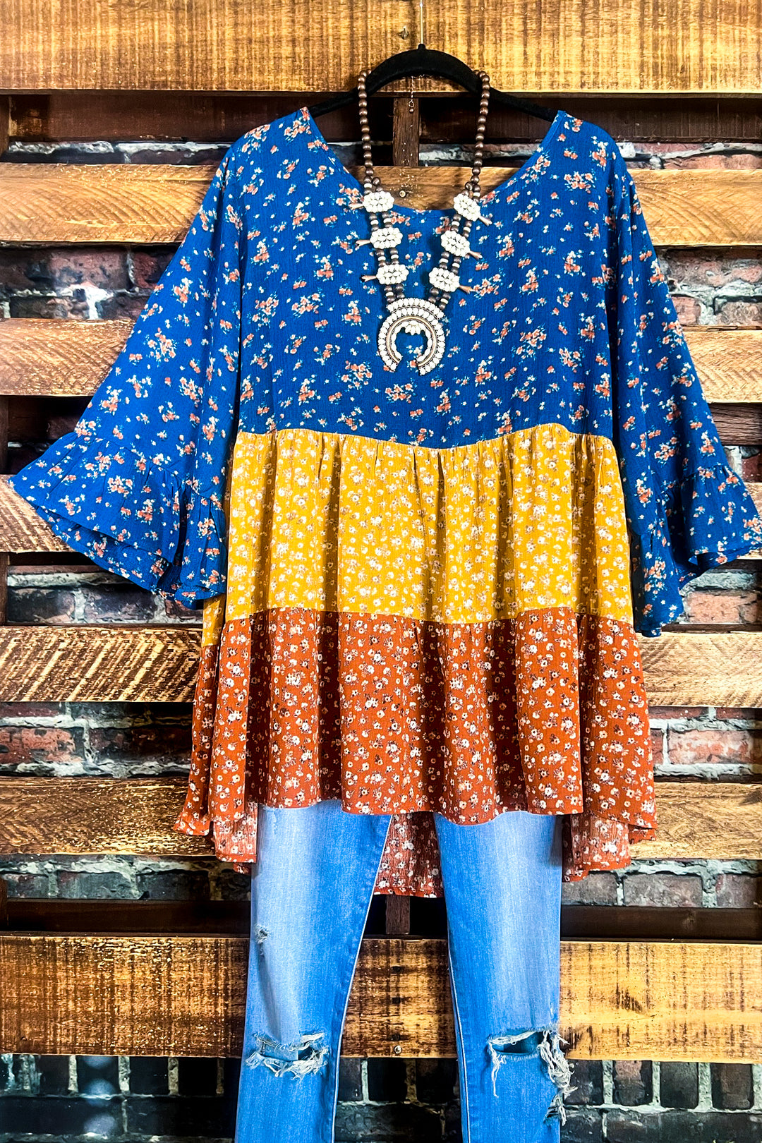 SIMPLY PERFECT CASUAL BABYDOLL TOP IN BLUE & MULTI