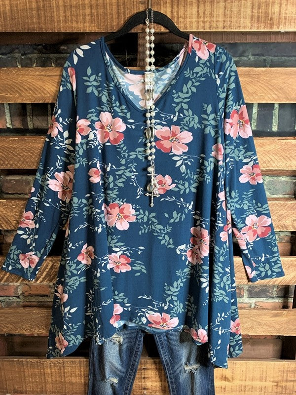 FLORAL ASYMMETRIC TUNIC IN TEAL MULTI----SALE