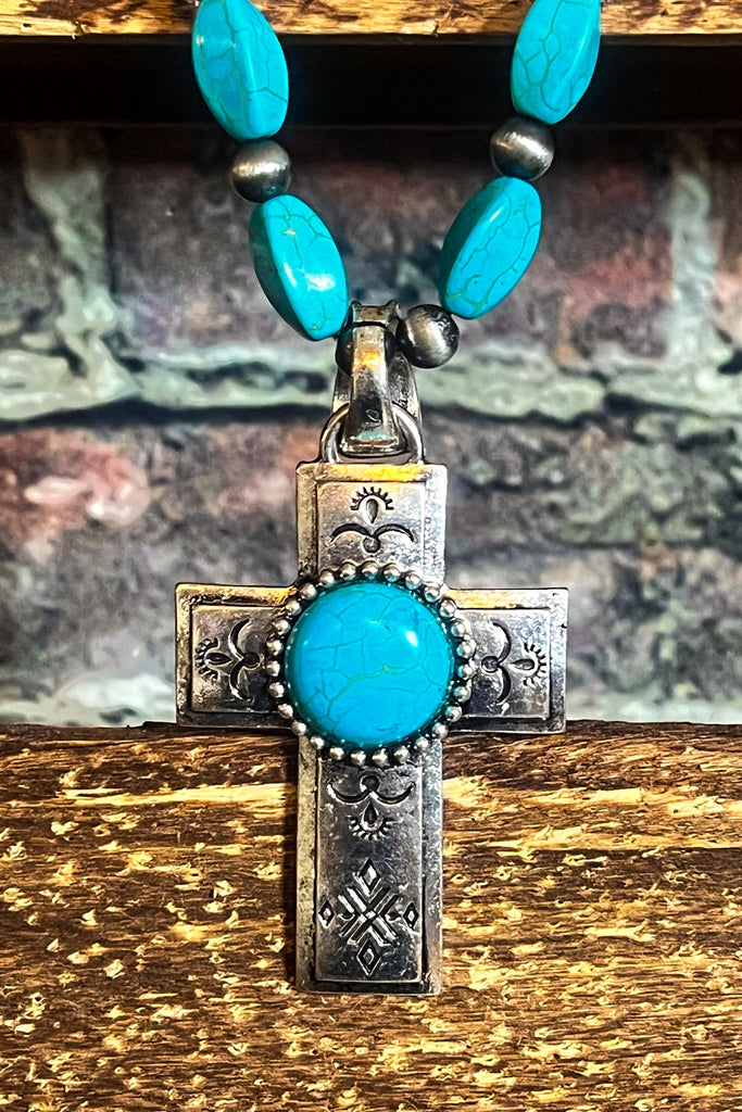 WESTERN VINTAGE BLUE TURQUOISE CROSS NECKLACE SET