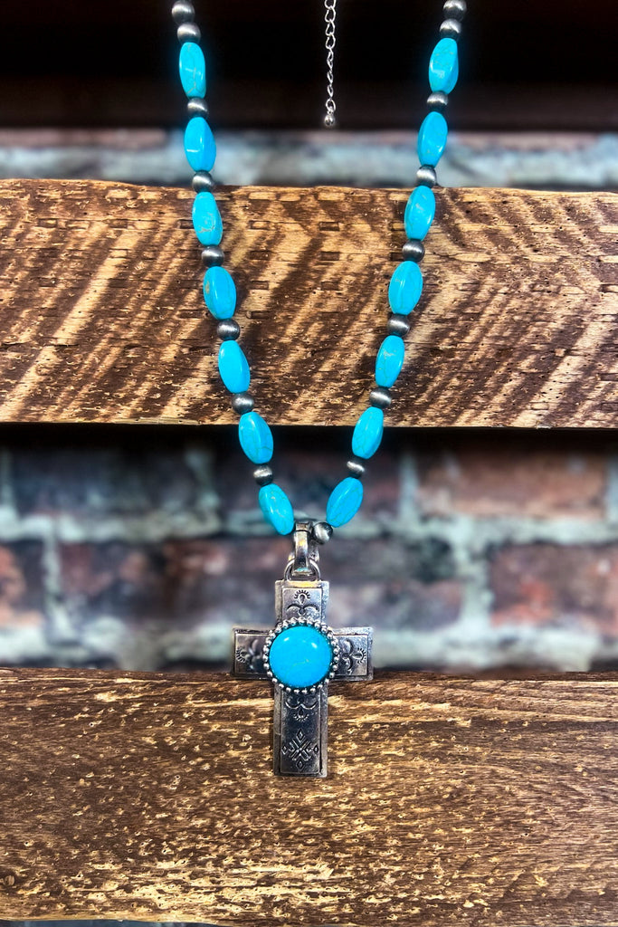 WESTERN VINTAGE BLUE TURQUOISE CROSS NECKLACE SET