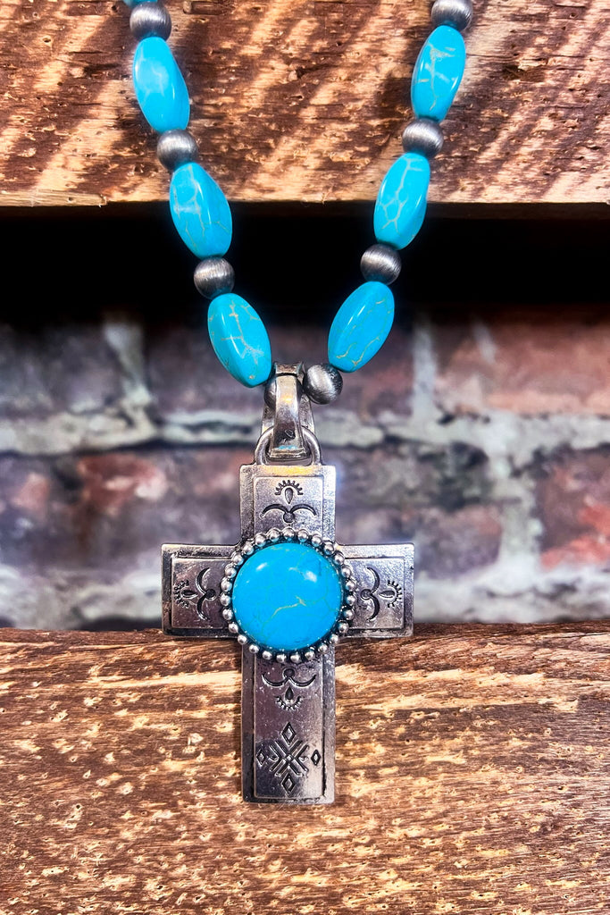 WESTERN VINTAGE BLUE TURQUOISE CROSS NECKLACE SET