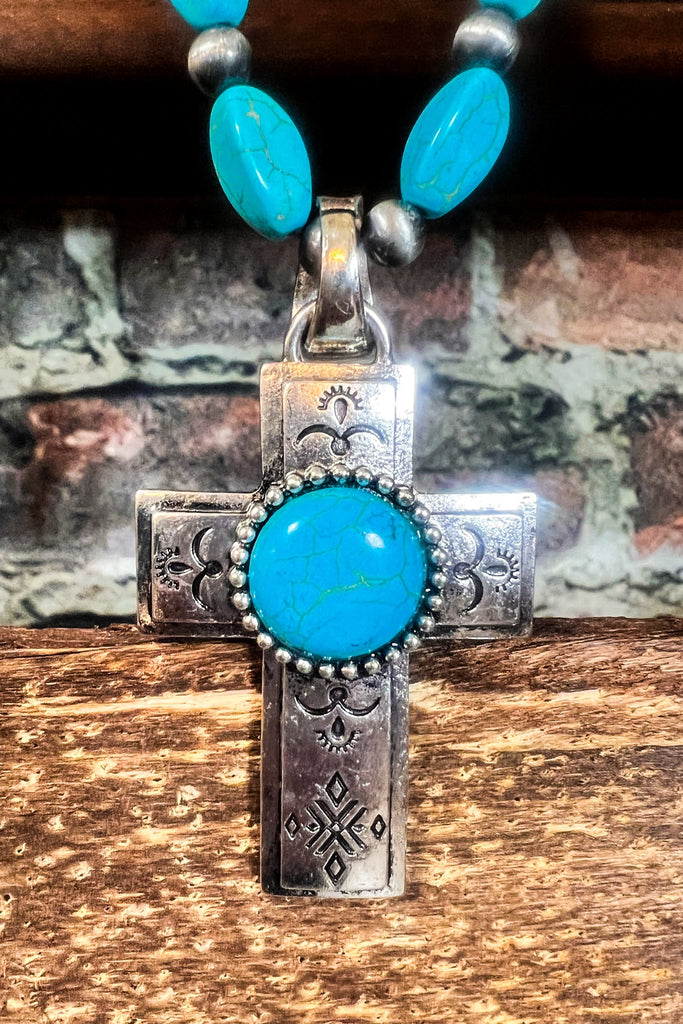 WESTERN VINTAGE BLUE TURQUOISE CROSS NECKLACE SET