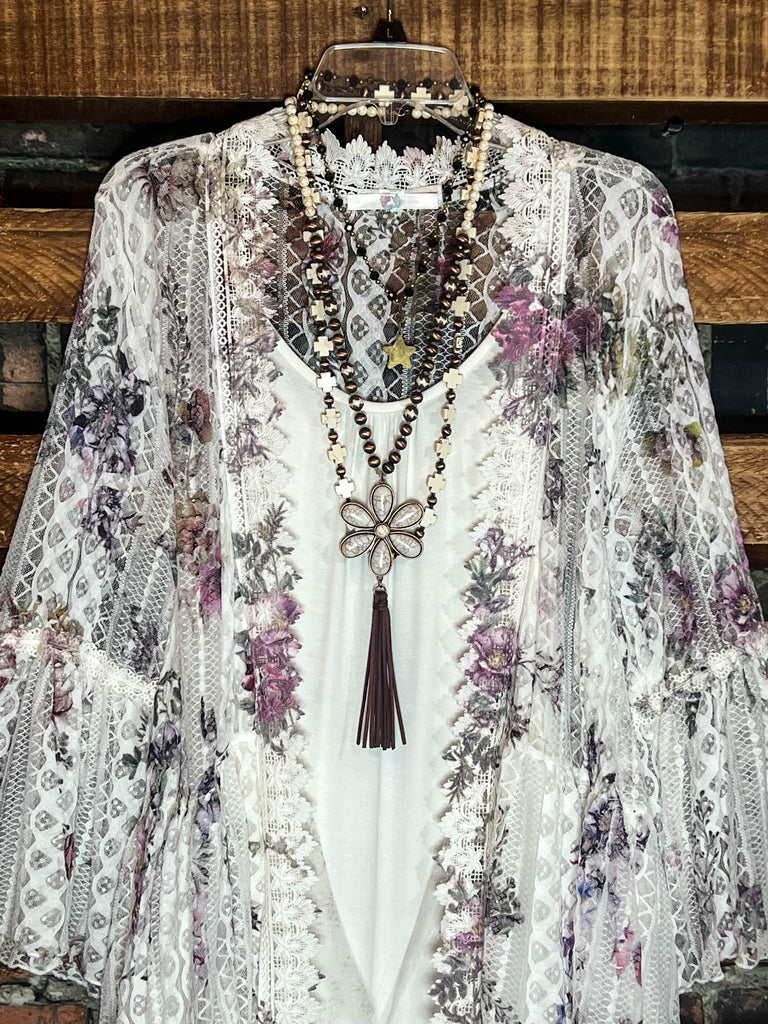 SO IN LOVE LACE FLORAL LACE DUSTER CARDIGAN IN IVORY & MULTI