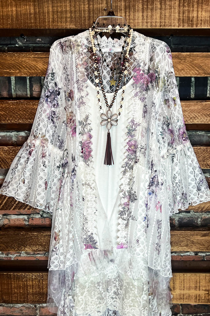 SO IN LOVE LACE FLORAL LACE DUSTER CARDIGAN IN IVORY & MULTI