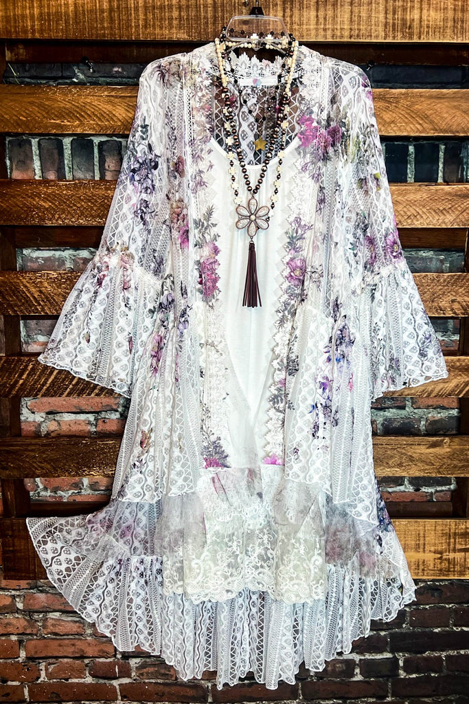 SO IN LOVE LACE FLORAL LACE DUSTER CARDIGAN IN IVORY & MULTI