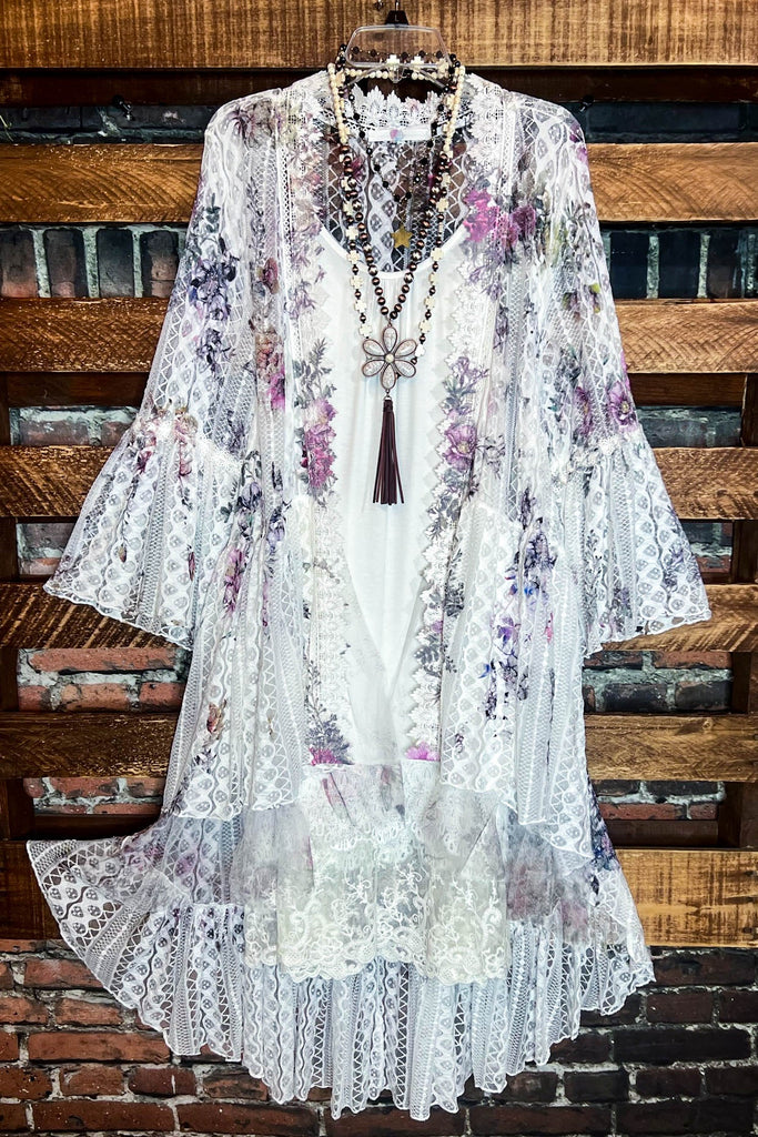 SO IN LOVE LACE FLORAL LACE DUSTER CARDIGAN IN IVORY & MULTI