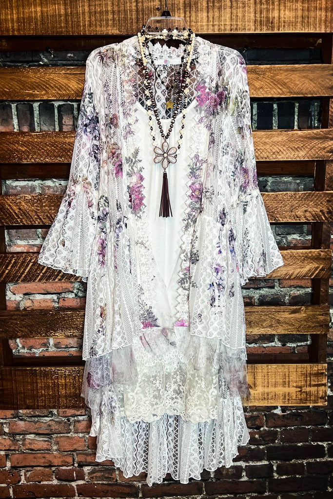 SO IN LOVE LACE FLORAL LACE DUSTER CARDIGAN IN IVORY & MULTI