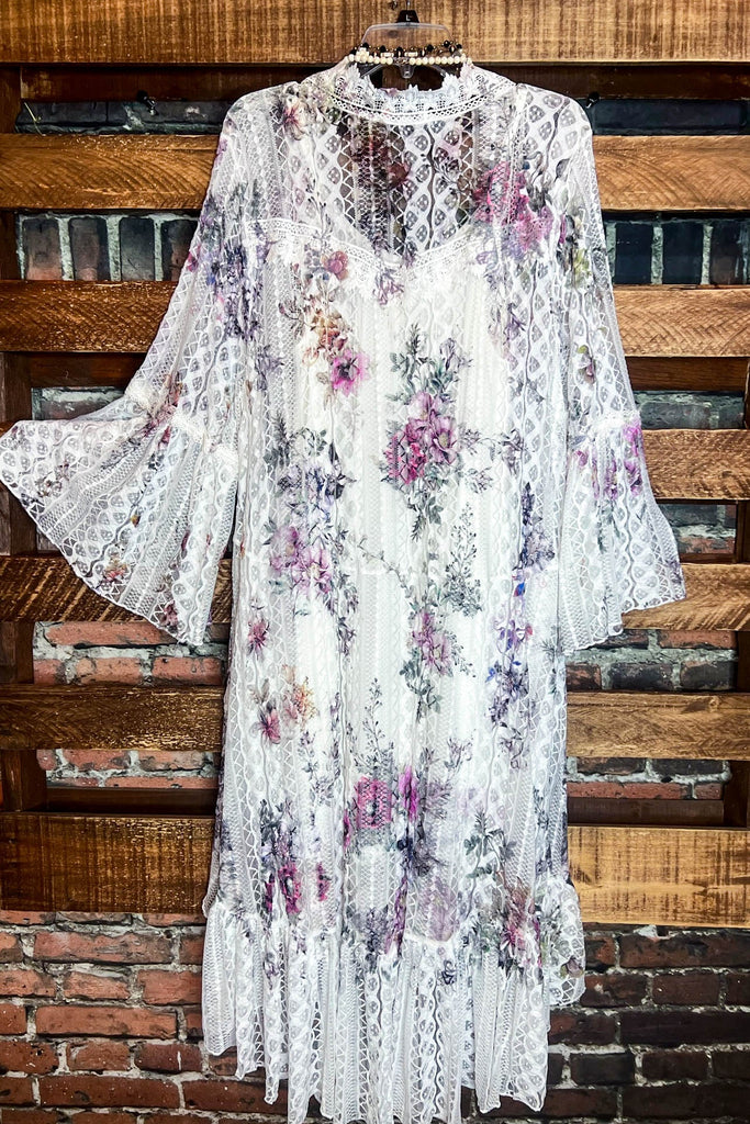 SO IN LOVE LACE FLORAL LACE DUSTER CARDIGAN IN IVORY & MULTI