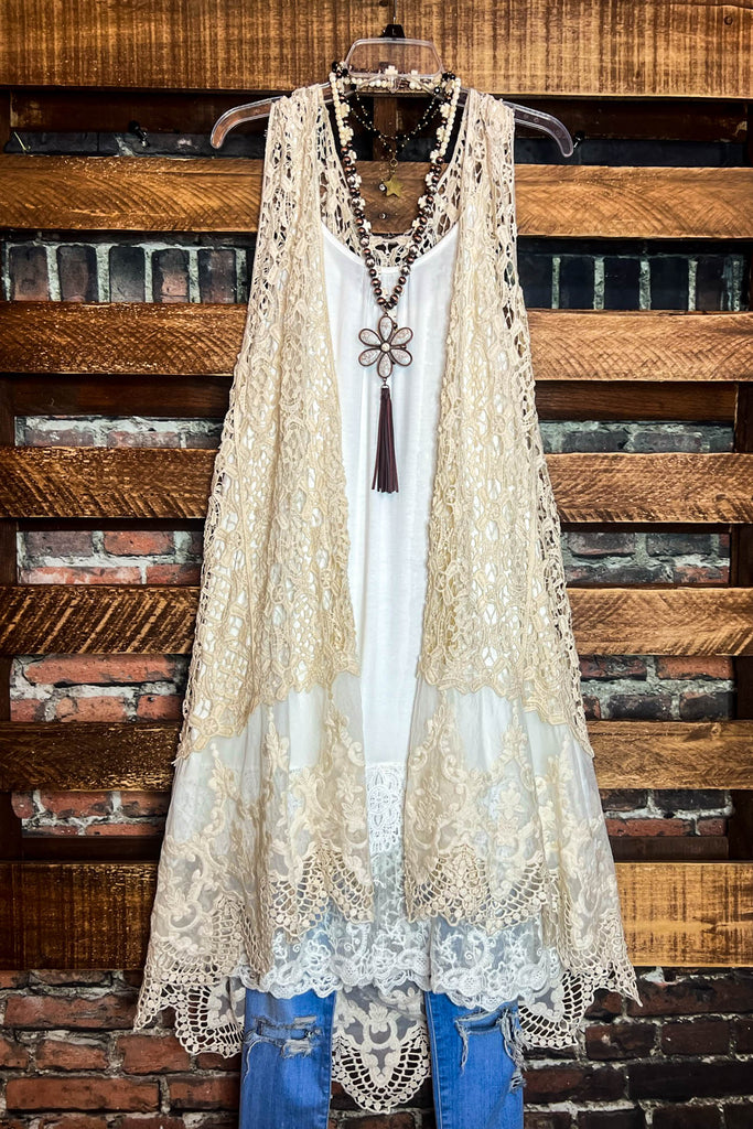 BOHO DREAMS CROCHET LONG VEST IN BEIGE NATURAL