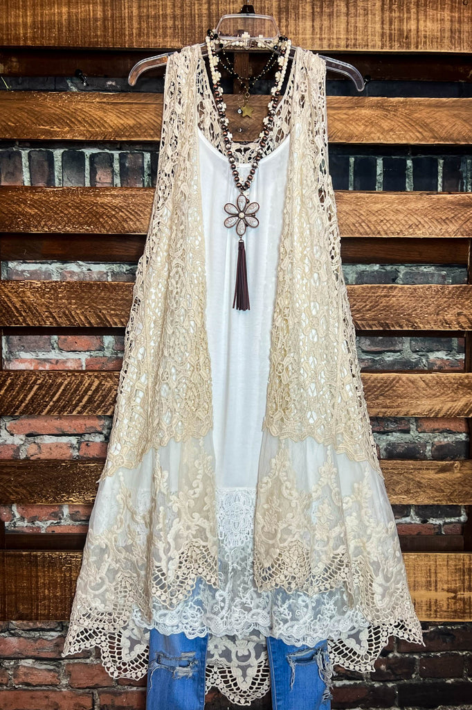 BOHO DREAMS CROCHET LONG VEST IN BEIGE NATURAL