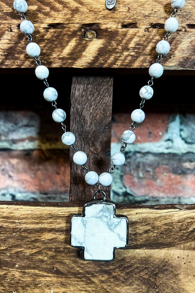 LUCKIEST BLESSED CHARM CROSS WHITE NATURAL STONE