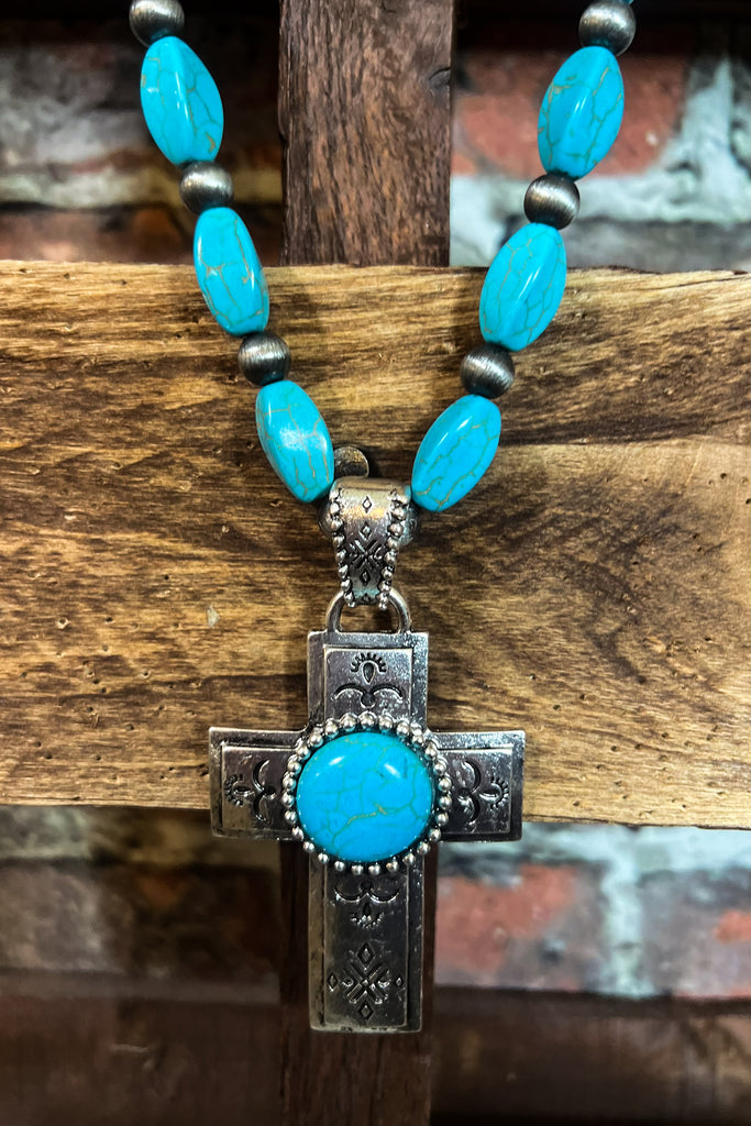 WESTERN VINTAGE BLUE TURQUOISE CROSS NECKLACE SET