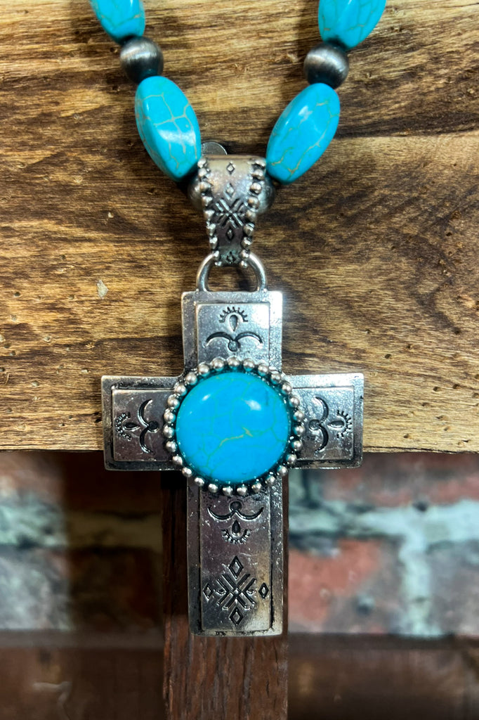 WESTERN VINTAGE BLUE TURQUOISE CROSS NECKLACE SET