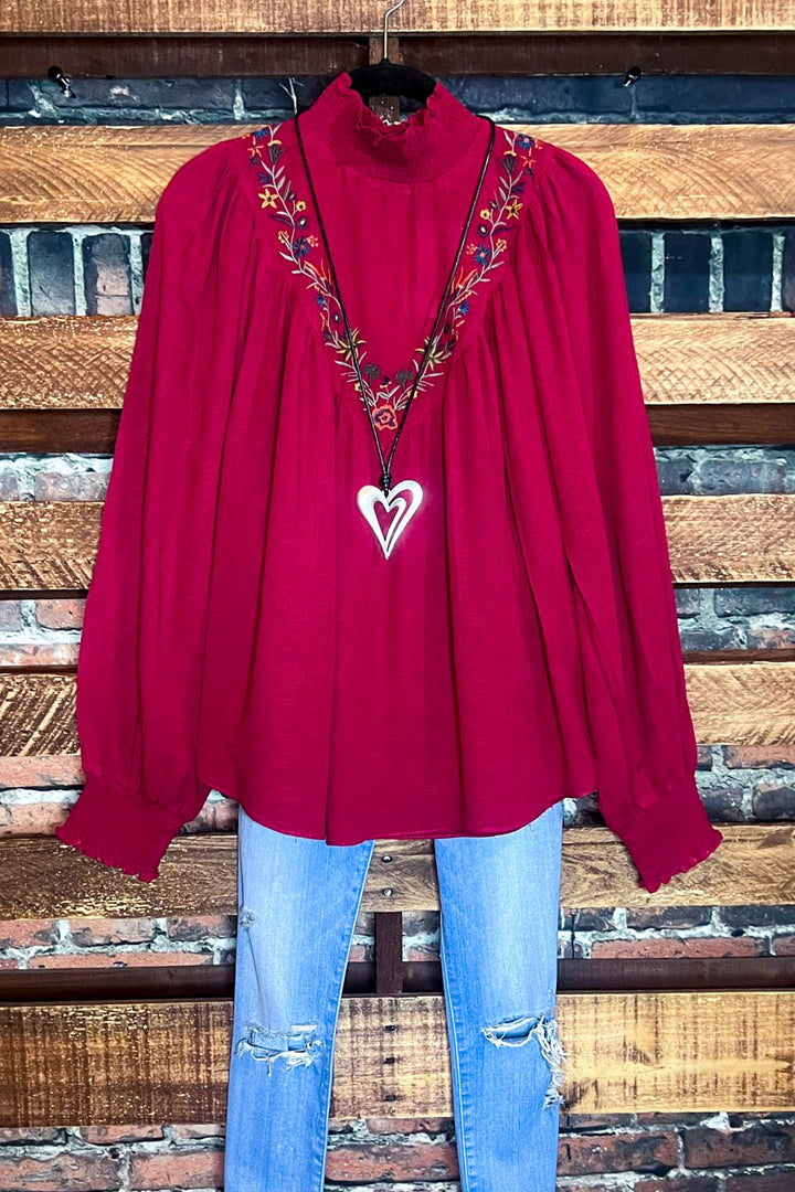 EMBROIDERED TOP IN BURGUNDY --------- SALE