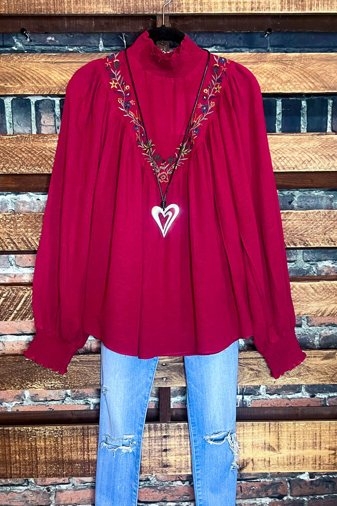 EMBROIDERED TOP IN BURGUNDY --------- SALE