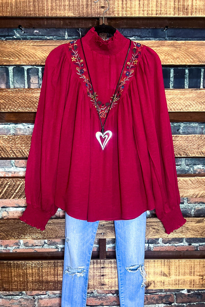 EMBROIDERED TOP IN BURGUNDY --------- SALE