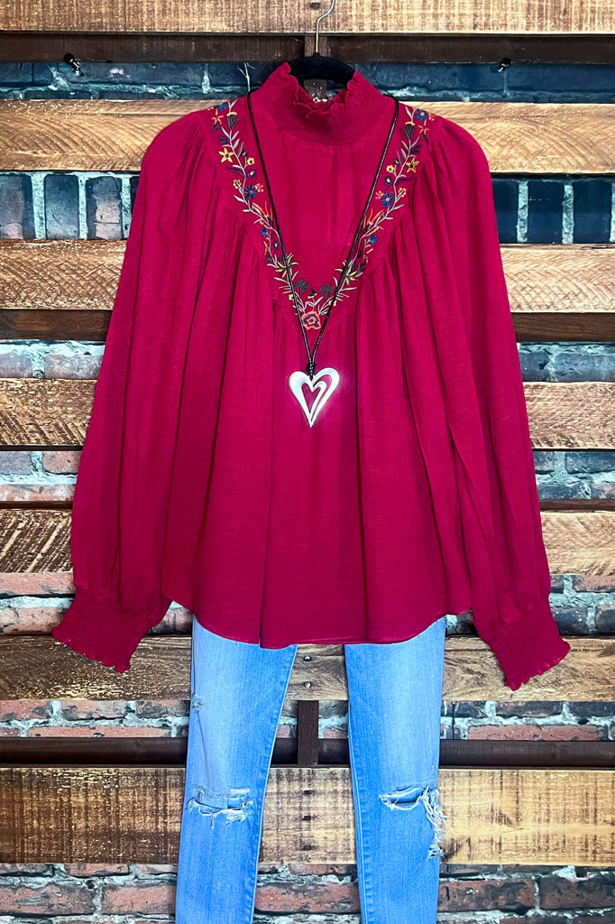 EMBROIDERED TOP IN BURGUNDY --------- SALE