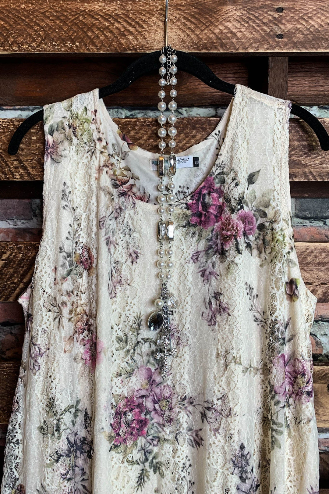 A LITTLE ENCHANTMENT ROSES LAYERED SLIP DRESS TUNIC IN  BEIGE & FLORAL